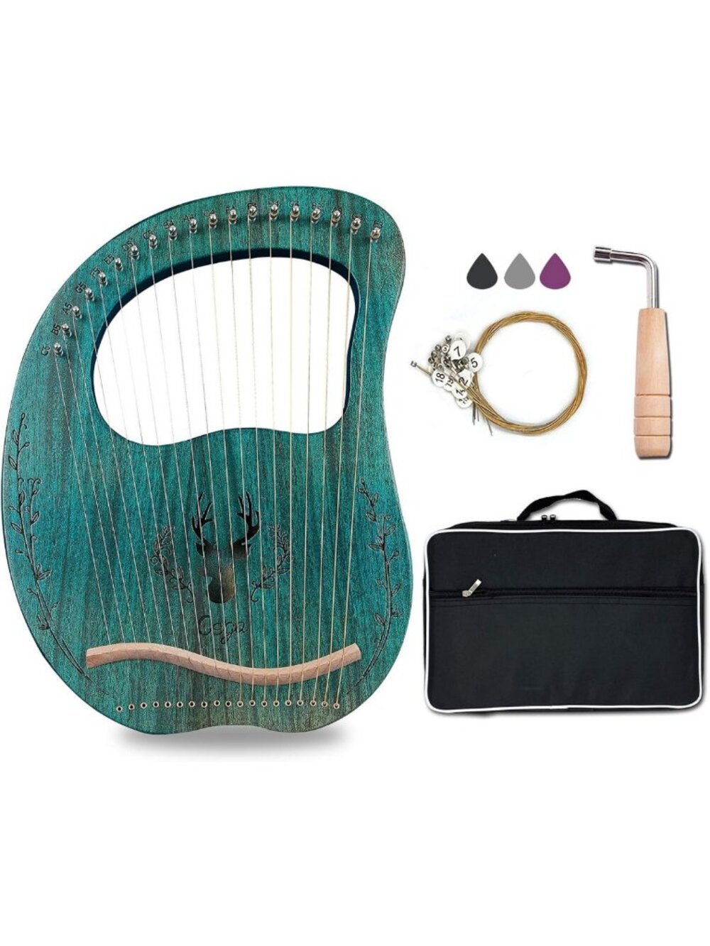 19-String Lyre Harp with Maple Saddle & Mahogany Body, Includes Carry Bag & Key